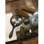 A HALLAMRKED SILVER PART DRESSING SET COMPRISING MIRROR, COMB, BRUSHES AND POT