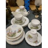 A HUNTING THEMED DUCHESS CHINA TEASET TO INCLUDE PLATES, CUPS, SAUCERS, JUGS, ETC