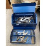 A METAL TOOL BOX CONTAINING SPANNERS AND MOLE GRIPS ETC