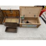 THREE WOODEN TOOL CHESTS AND A VINTAGE TILLEY LAMP