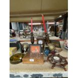 A WOODEN MANTLE CLOCK TOGETHER WITH VARIOUS TREEN WARE TO INCLUDE CANDLESTICKS, A RUSSIAN DOLL,