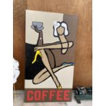 A LARGE WOODEN PAINTED 'COFFEE' ADVERTISING SIGN (180CM X 99CM)