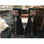 A PAIR OF VINTAGE SHELLEY VASES - BLACK WITH PINK ROSE DETAIL - HEIGHT 22CM