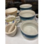 A QUANTITY OF CERAMICS TO INCLUDE LARGE WEDGWOOD OVEN TO TABLEWARE DISHES, PLANTER, JUG, PESTLE