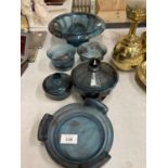 SIX PIECES OF BLUE CLOUD GLASS TO INCLUDE BOWLS, LIDDED POTS, ETC PLUS A FROG