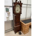 A 19TH CENTURY OAK AND CROSSBANDED EIGHT-DAY LONGCASE CLOCK WITH PAINTED ENAMEL DIAL, DEPICTING A