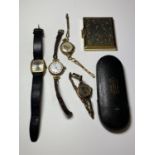 A MIXED LOT OF ITEMS TO INCLUDE THREE LADIES 9CT GOLD CASED WATCHES, FURTHER 'MONTINE' WATCH,