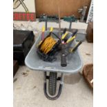 A METAL WHEEL BARROW, VARIOUS GARDEN TOOLS AND AN EXTENSION LEAD ETC