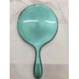 A PALE BLUE ENAMEL AND HALLMARKED SILVER HAND MIRROR