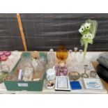 AN ASSORTMENT OF ITEMS TO INCLUDE GLASS DECANTORS, VASES AND AN EPNS BUD VASE ETC