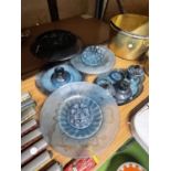 THIRTEEN PIECES OF BUE CLOUD GLASS TO INCLUDE A DRESSING TABLE SET, FROGS, LARGE BOWLS AND A PLATE