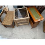 A BAMBOO LAMP TABLE, RUSH SEATED STOOL AND MAGAZINE RACK/TABLE