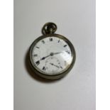 A VINTAGE SWISS MADE SILVER PLATED OPEN FACED POCKET WATCH