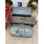 THREE METAL TOOL BOXES AND TOOLS TO INCLUDE A HAMMER HEAD AND SAWS ETC