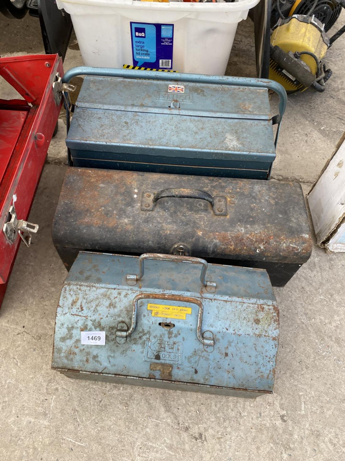 THREE METAL TOOL BOXES AND TOOLS TO INCLUDE A HAMMER HEAD AND SAWS ETC