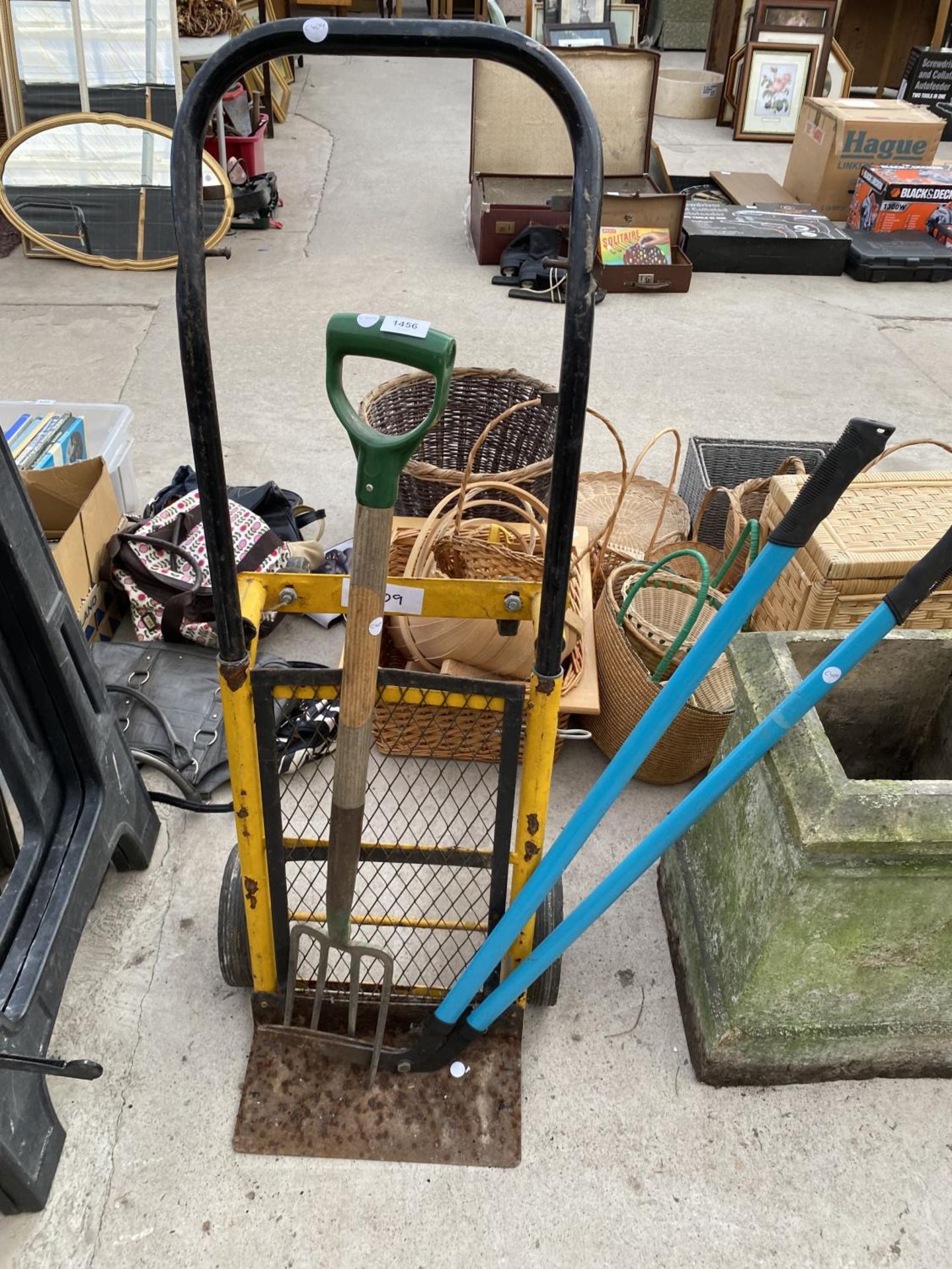 A SACK TRUCK, A SET OF GARDEN SHEARS AND A FORK