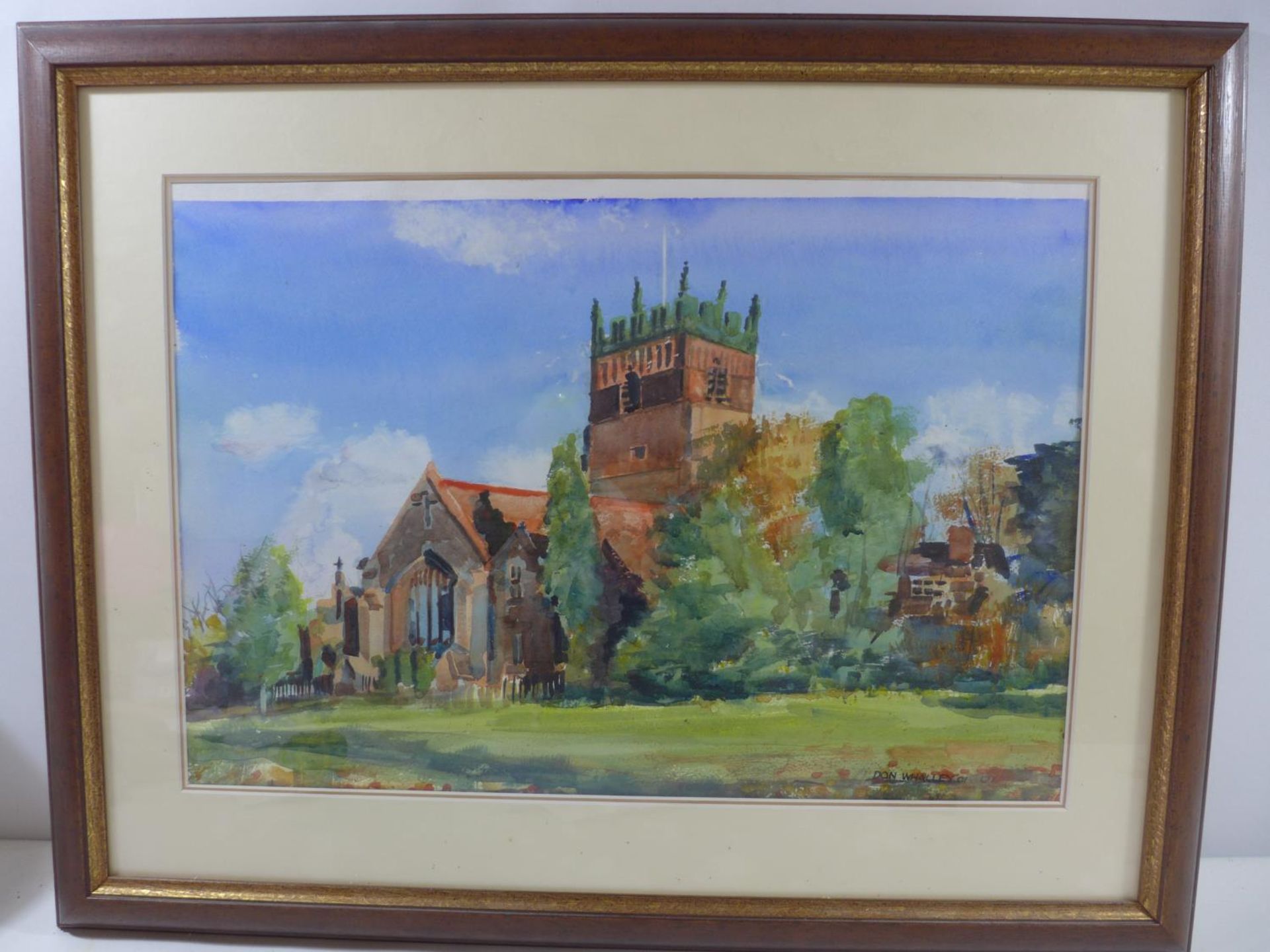 DON WHALLEY (20TH/21ST CENTURY) SAINT CROSS CHURCH, KNUTSFORD, CHESHIRE, WATERCOLOUR, SIGNED AND