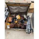A VINTAGE TRAVEL CASE CONTAINING AN ASSORTMENT OF EMPTY CAMERA CASES AND A VELBON CAMERA TRIPOD ETC