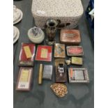 VARIOUS COLLECTABLES ITEMS TO INCLUDE LIGHTERS, TINS, PEWTER VASE WITH A CARRY CASE ETC