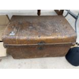 A VINTAGE TRAVEL TRUNK WITH TWO PAIRS OF GARDEN SHEARS