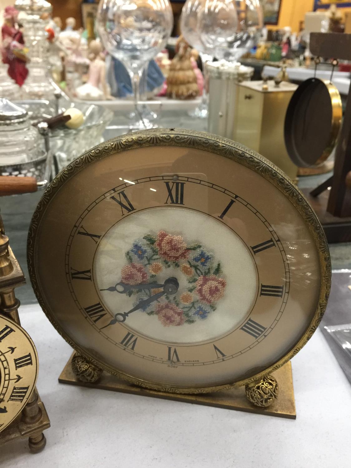 THREE VINTAGE CLOCKS TO INCLUDE A BRASS LANTERN CLOCK, A PETIT POINT MANTLE CLOCK AND ALARM CLOCK - Image 5 of 5