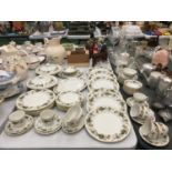 A LARGE QUANTITY OF ROYAL DOULTON LARCHMENT DINNERWARE TO INCLUDE TRIOS, DINNER PLATES, DISHES,