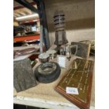 A SMALL METAL CHIMNEY POT TOGETHER WITH A MAHOGANY AND BRASS CRIBBAGE BOARD, TWO VINTAGE PRINTING