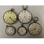 A BAG FIVE ASSORTED SILVER POCKET WATCHES A/F