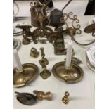 A QUANTITY OF BRASS AND COPPER TO INCLUDE COPPER PANS, BRASS CANDLESTICKS, BELLS, WALL HANGING