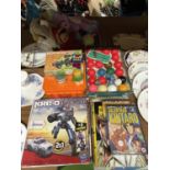 A QUANTITY OF SOFT TOYS TOGETHER ALSO WITH DVD'S ANNUALS, SNOOKER BOWLS, KRE-O TRANSFORMERS SET,
