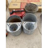 A GALVANISED BUCKET, TWO GALVANISED MOP BUCKETS AND A FUEL CAN ETC