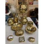 A QAUNTITY OF BRASSWARE TO INCLUDE KETTLES, TRIVET STAND, LIDDED POTS, CANDLE HOLDER WITH ETCHED