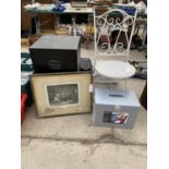 AN ASSORTMENT OF ITEMS TO INCLUDE A METAL BISTRO CHAIR AND A TWO DRAWER FILING CABINET ETC