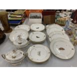 A LARGE QUANTITY OF PLATES PLUS TWO LIDDED SERVING DISHES WITH IMAGES OF BUTTERFLIES AND GILDING