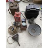 A COLLECTION OF VINTAGE ITEMS TO INCLUDE A VINTAGE WALL HEATER, BELL, OIL CAN ETC