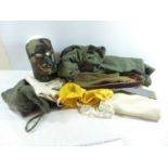 A WEST YORKSHIRE REGIMENT CAP, QUANTITY OF WEBBING, CAMOUFLAGE MASK, ASSORTED MILITARY CLOTHING ETC