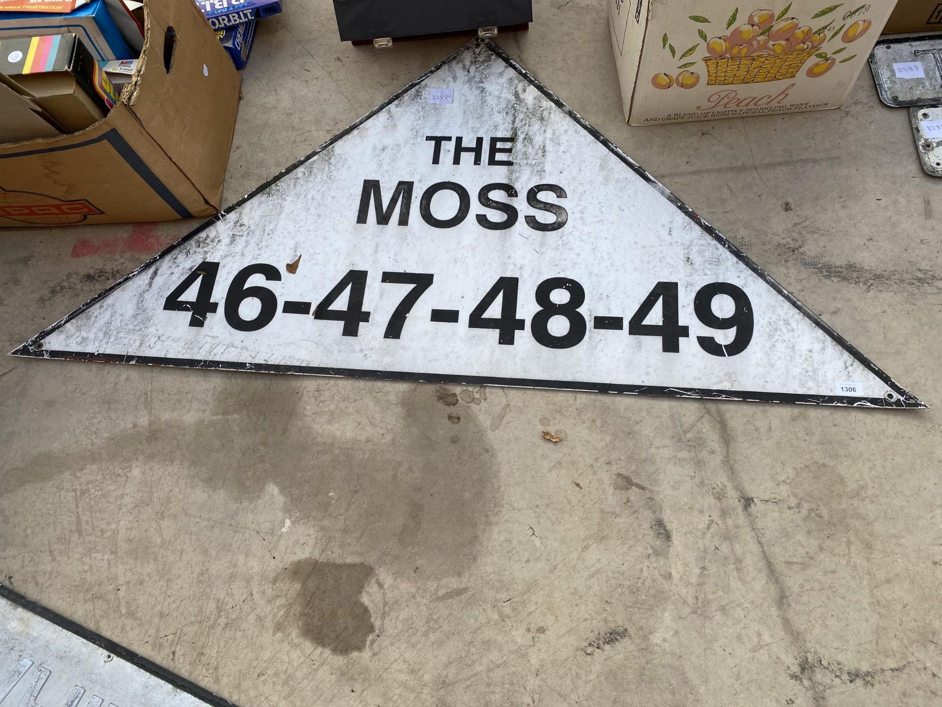 A VINTAGE TRIANGULAR METAL 'THE MOSS' ROAD SIGN