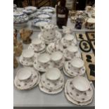 A COLCLOUGH CHINA TEASET TO INCLUDE A TEAPOT, CREAM JUG, SUGAR BOWL, CAKE PLATE, CUPS, SAUCERS AND