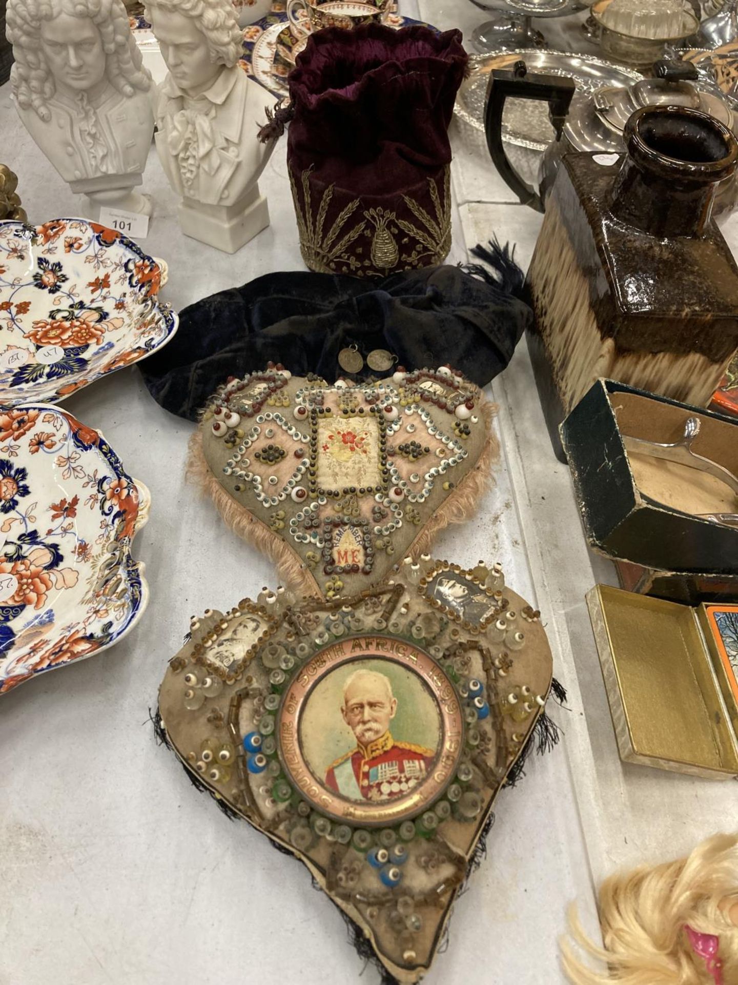 TWO VICTORIAN HEART SHAPED CUSHIONS, ONE 'REMEMBER ME' THE OTHER WITH A PICTURE OF LORD ROBERTS, A