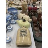 FIVE VINTAGE HOT WATER BOTTLES TO INCLUDE DOULTON AND DENBY PLUS A COPPER ONE