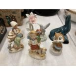 A QUANTITY OF CERAMIC FIGURES TO INCLUDE A POOLE POTTERY DOLPHIN, CONTINENTAL FIGURINES, ETC