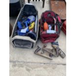 TWO TOOL BAGS OF ASSORTED HAND TOOLS TO INCLUDE RECORD WOOD PLANES, SANDER ETC