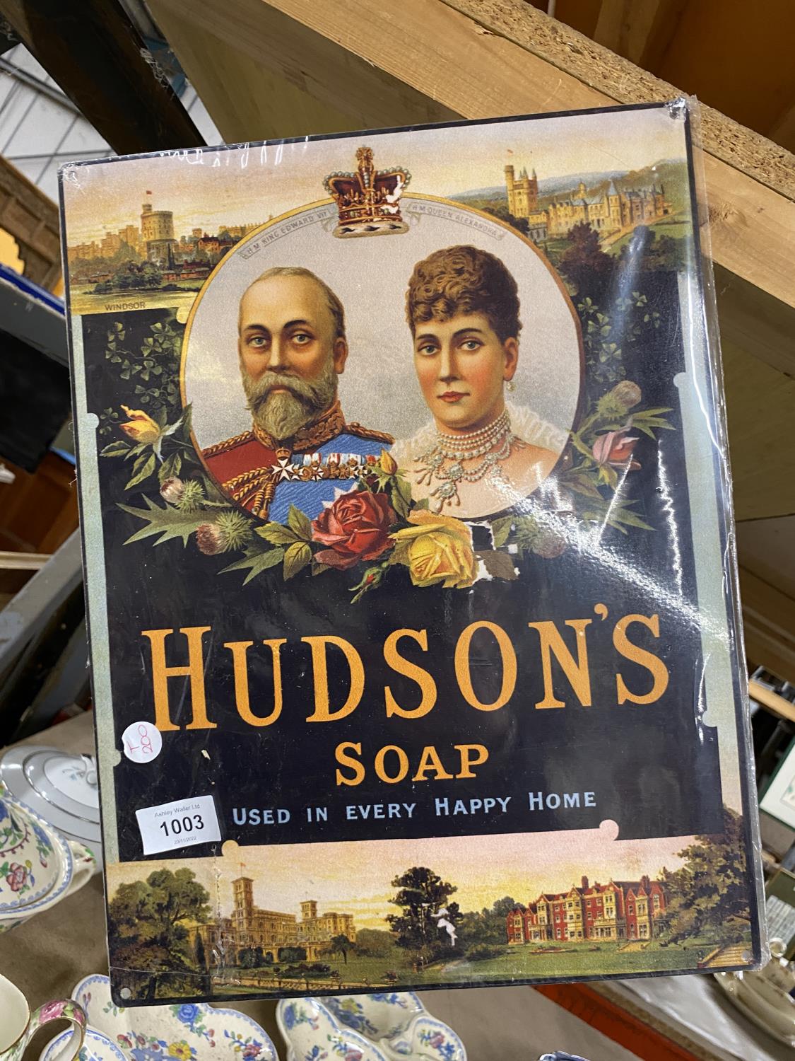 A VINTAGE STYLE 'HUDSON'S SOAP' SIGN 30CM X 40CM