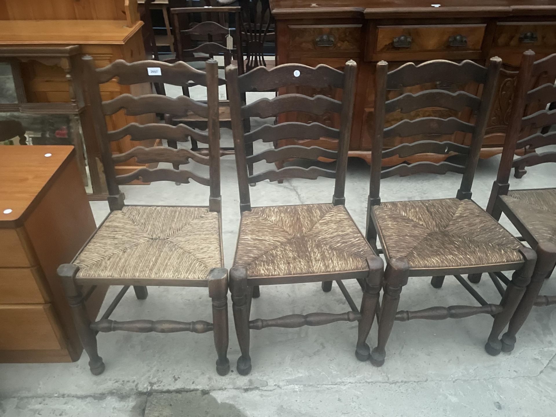 A SET OF EIGHT LANCASHIRE STYLE LADDERBACK DINING CHAIRS WITH RUSH SEATS - Image 2 of 7