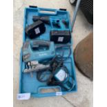 AN ELECTRIC MAKITA JIGSAW AND A FURTHER BATTERY SCREWDRIVER WITH A SPARE BATTERY