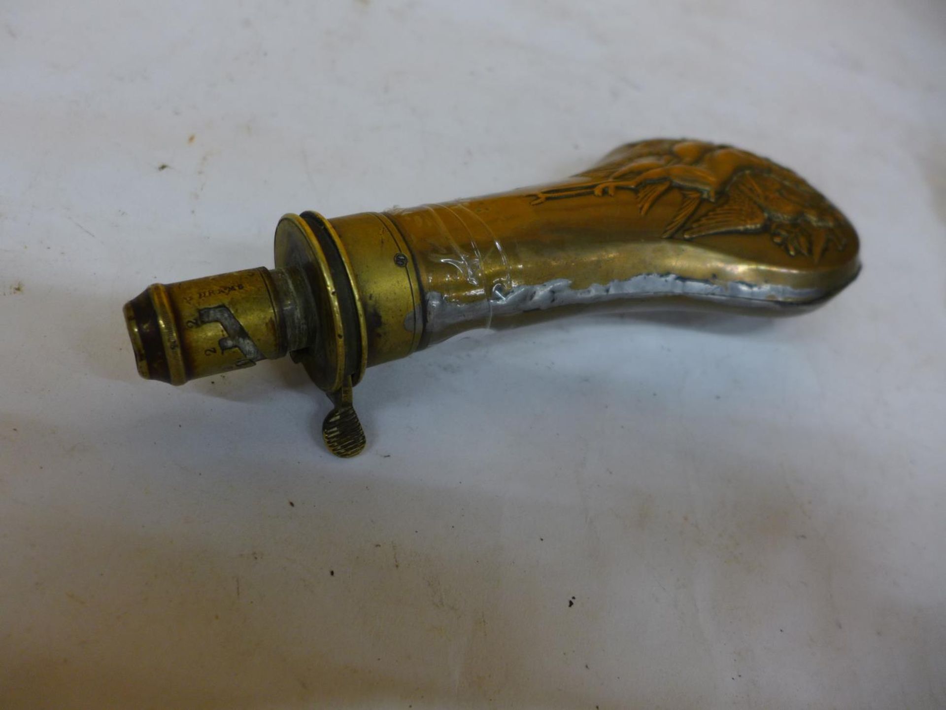 A LATE 19TH CENTURY COPPER AND BRASS POWDER FLASK, STAMPED G.W. INGRAM, GAME DECORATION - Image 2 of 3