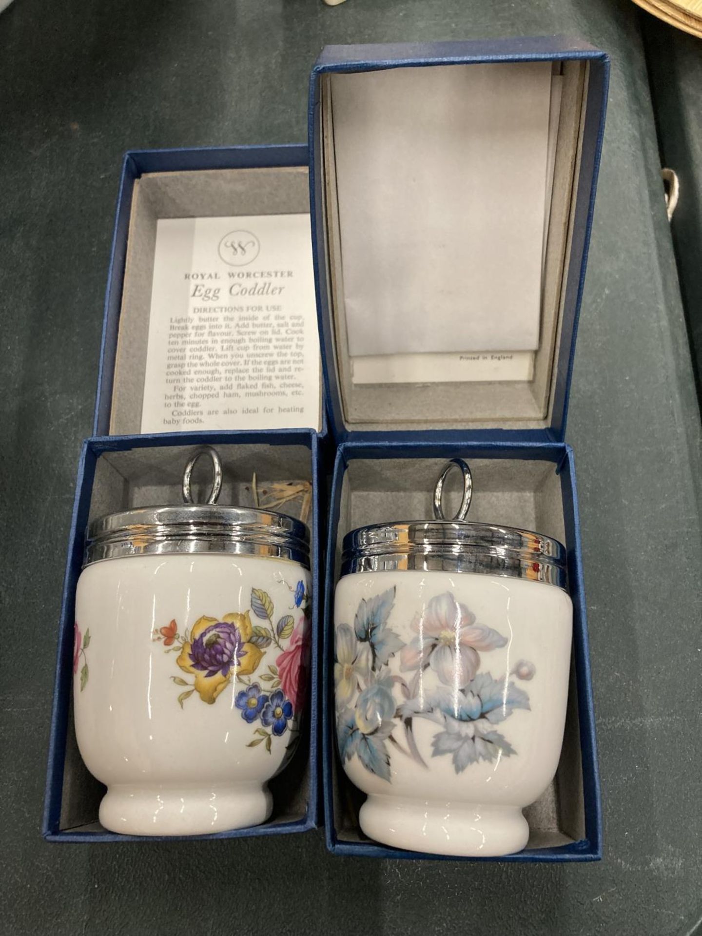 TWO ROYAL WORCESTER LARGE EGG CODDLERS IN ORIGINAL BOXES