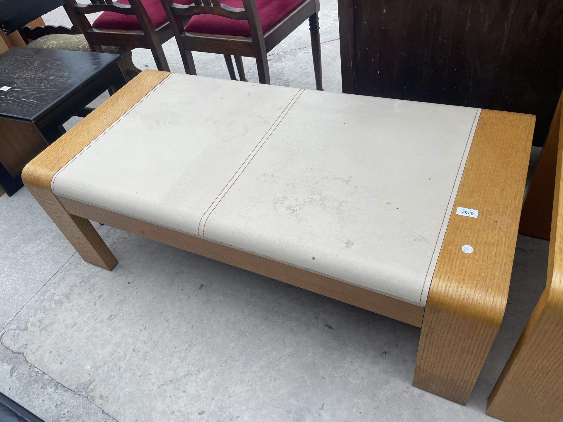 A RETRO BENTWOOD TABLE WITH FAUX LEATHER TOP, 48X24"