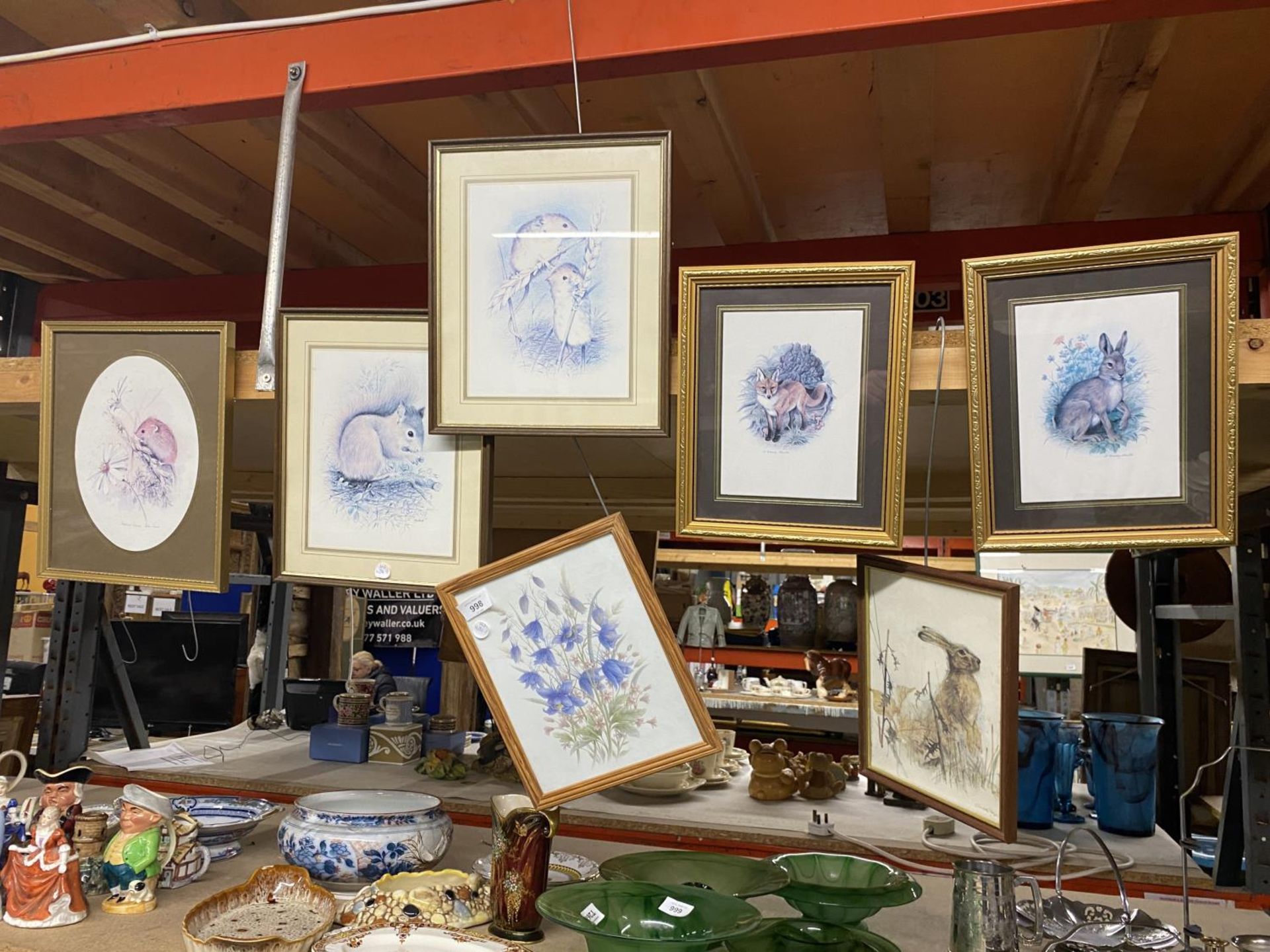 A QUANTITY OF FRAMED ANIMAL PRINTS TO INCLUDE RABBITS, MICE, A FOX, ETC