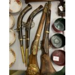 TWO PAIRS OF VINTAGE WOODEN AND BRASS HANGING GUN DISPLAYS